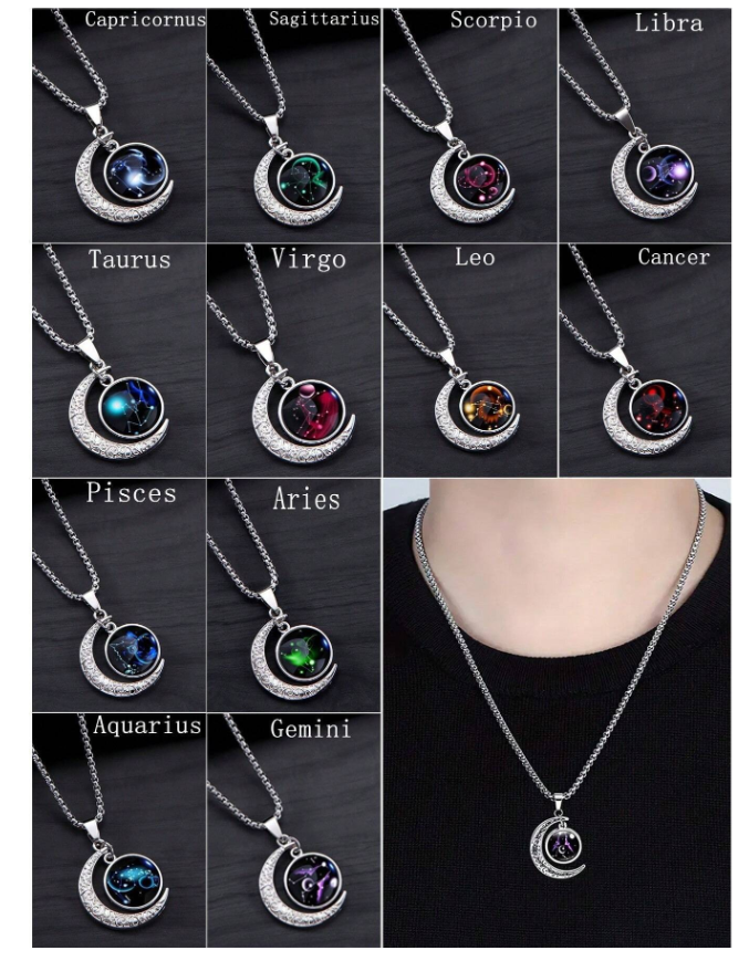 Collana con ciondolo a tema costellazioni dei 12 segni zodiacali